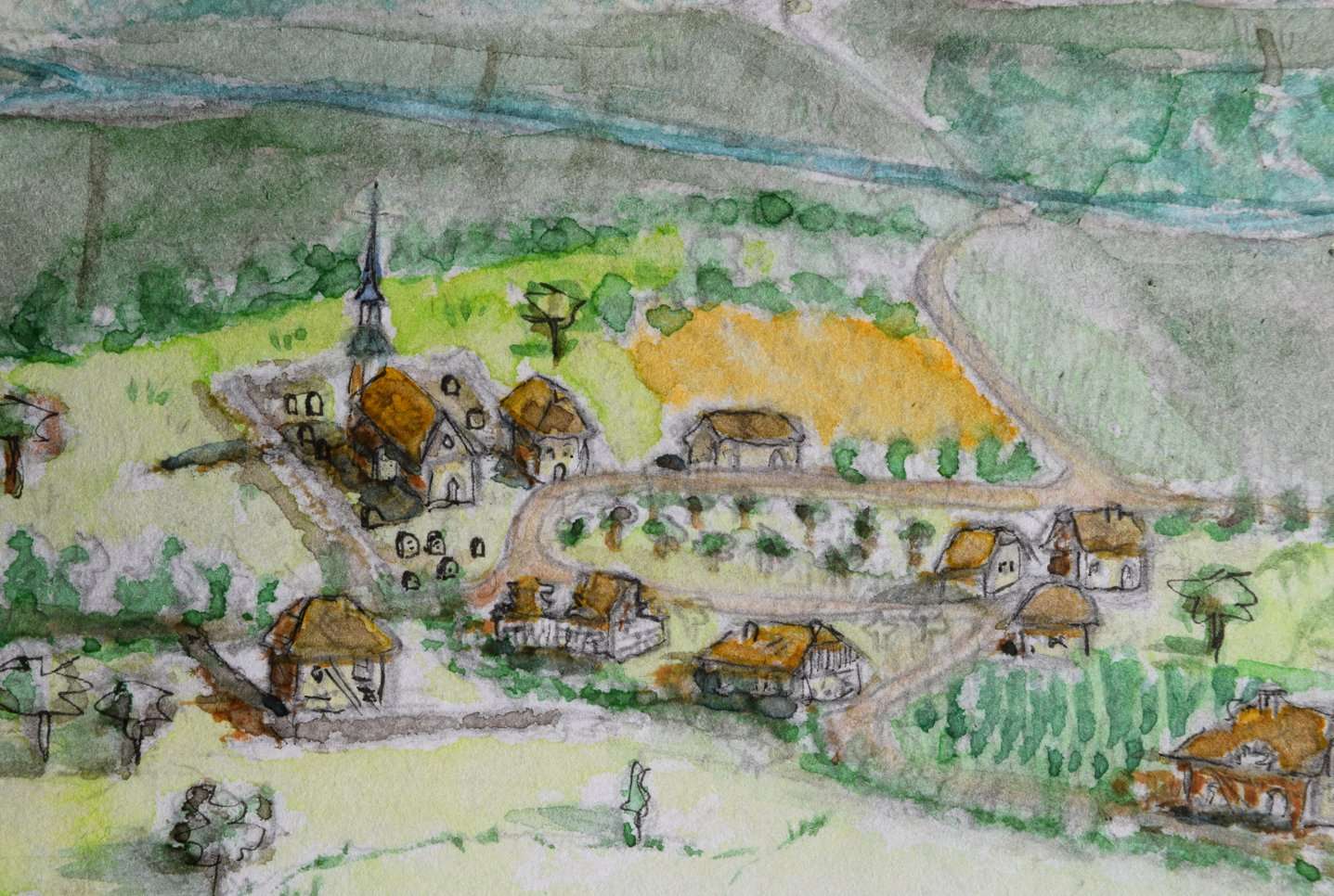 Détail de l'aquarelle d'Albens — le centre village